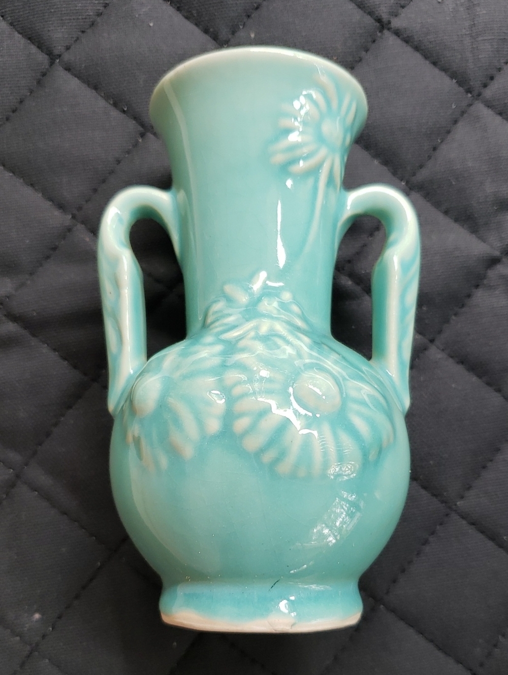 Aqua Glazed Floral Relief Double-Handled Vase Usa